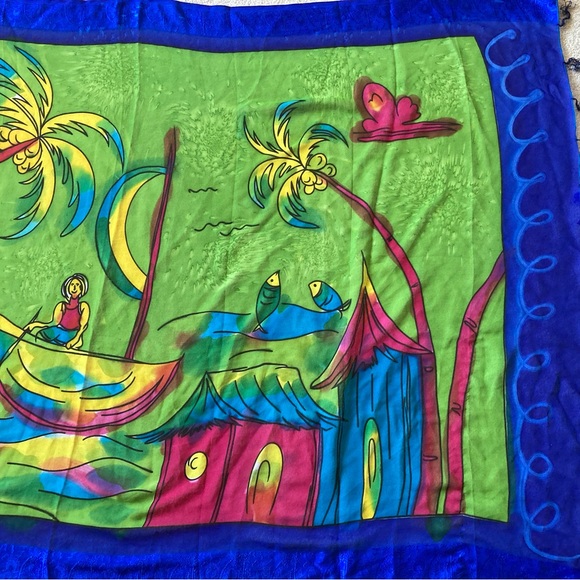 Beach Cover Up Sheer Sarong Nautical Design Multicolor Fish Palmtrees Beach Pool - Picture 4 of 7